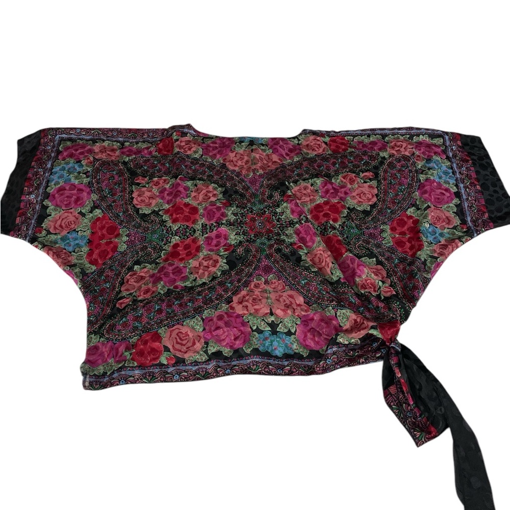 Vintage batwing scarf tie silky floral rose unique Anthropologie blouse one sz